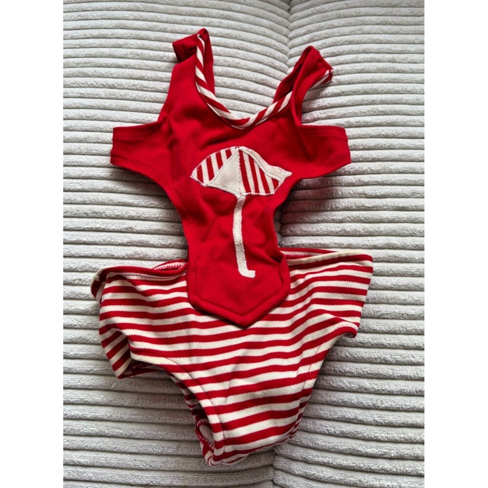 Vintage Nautical Girl's Swimsuit Bathing Suit Red Stripes Size 3 3T 70s Coastal
